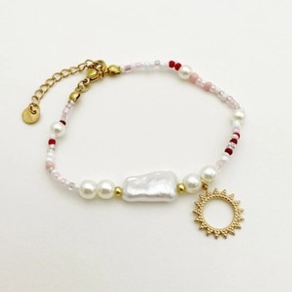 Freshwater Pearl‎ Sun Charm Beaded Bracelet Stainless Steel Pink White Red 17cm
